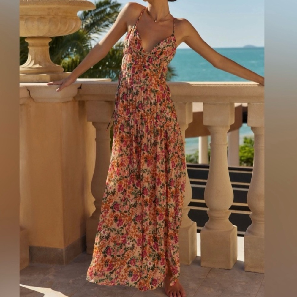 ASTR the label tropics plunge maxi dress in peach fuchsia floral